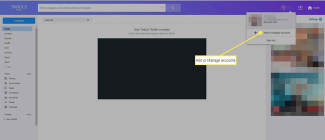 "Lisää tai hallitse tilejä" -vaihtoehto Yahoo Mailissa