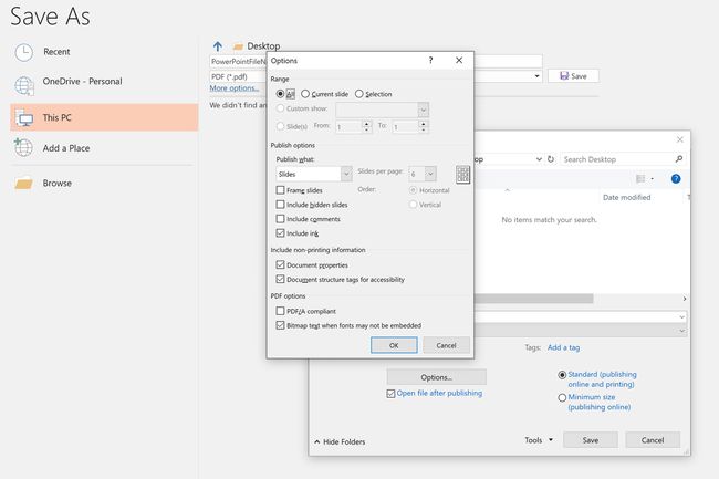 Tallenna PDF-tiedosto PowerPoint for PC -sovellukseen vaihtoehtojen avulla