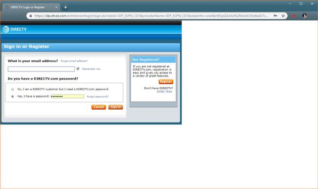 Kuvakaappaus DirecTV-kirjautumisnäytöstä.