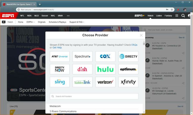 Kuvakaappaus palveluntarjoajan valintavalikosta WatchESPN:ssä.