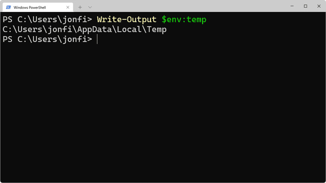PowerShell kirjoittaa lähdön env temp -komentoa