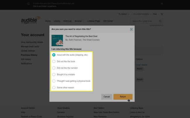 Audible kysyy palautuksesi syytä, mutta se ei vaikuta mahdollisuuteesi tehdä niin.