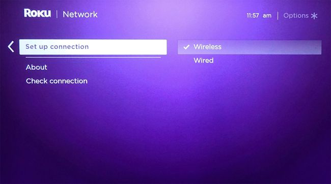 Roku-verkko — Yhteysasetukset — Kiinteä tai Langaton