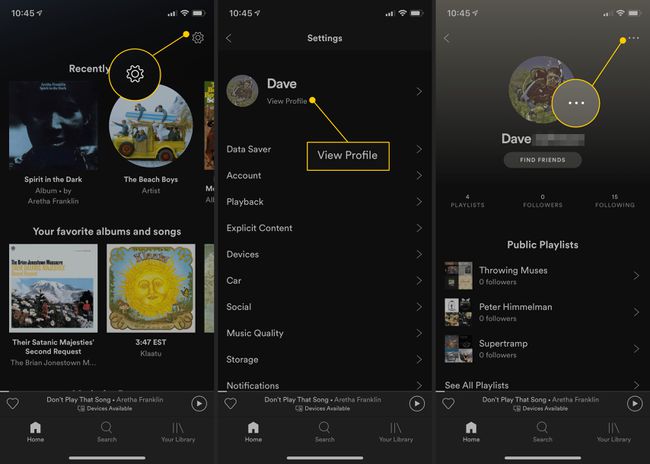 Hammasrataskuvake, Näytä profiili -painike, kolmen pisteen valikko Spotify-mobiilisovelluksessa