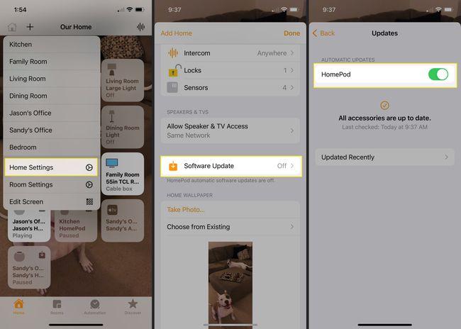 Home-sovellus, jossa on korostettuna Home-asetukset, ohjelmistopäivitys ja HomePod