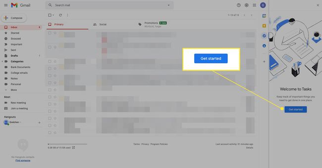 Gmail Tasks -ikkuna, jossa "Aloita" on korostettuna