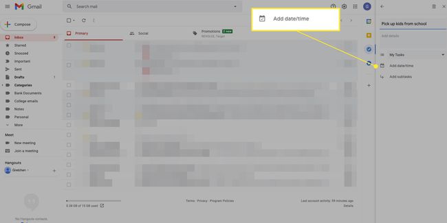 Gmail-tehtävä, jossa "Lisää päivämäärä ja aika" on korostettuna