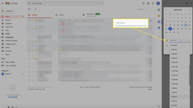 Gmailin tehtäväruutu, jossa "asetettu aika" on korostettuna