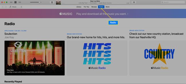 Apple Music Radio iTunesissa Radio korostettuna