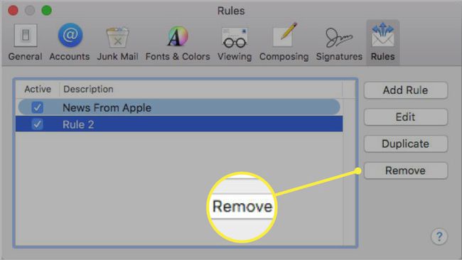 Valitse Apple Mailin sääntö Poista.