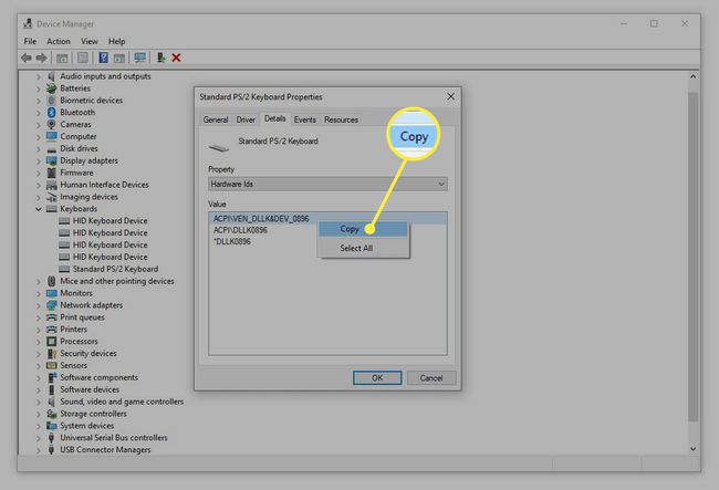 Kopioi vaihtoehto PS/2-näppäimistön laitteistotunnukselle Laitehallinnassa.