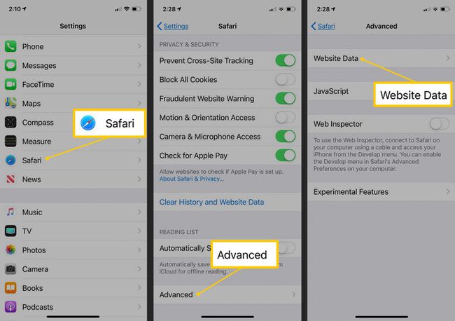 Safari-, Advanced- ja Website Data -painikkeet iOS-asetukset-sovelluksessa