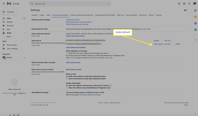 Gmail-asetukset-näyttö, jossa Aseta oletukseksi korostettuna