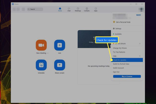 Tarkista päivitykset Zoomin käyttäjävalikosta