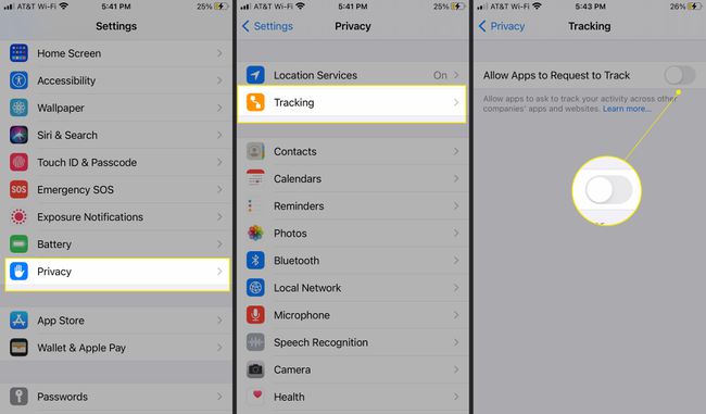 iPhone-asetukset, joissa on yksityisyys, seuraa ja peruuta sovellustoiminnan seuranta korostettuna