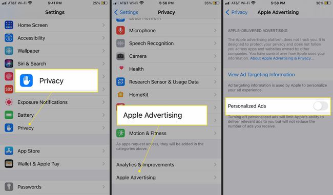 iPhonen tietosuoja-asetukset, joissa korostetaan "Apple Advertising" -mainontaa ja mukautettuja mainoksia