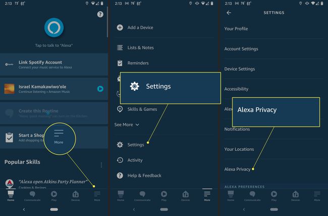 Toimenpiteet päästäksesi Alexan tietosuoja-asetuksiin "Lisää," "Asetukset," ja "Alexan yksityisyys" korostettuna Alexa-sovelluksessa