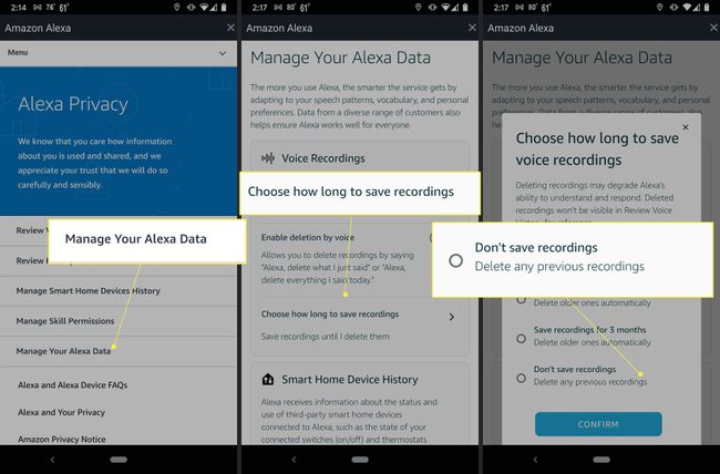 Alexa-sovelluksen asetukset "Hallitse Alexa-tietojasi," "Valitse, kuinka kauan tallenteita tulee säilyttää," ja "Älä tallenna äänitteitä" merkitty