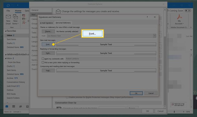 Fonttipainike Outlookin asetuksissa