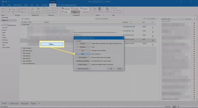 Outlook-sovellus, jossa Suodatin-vaihtoehto on korostettu näkymän lisäasetuksissa