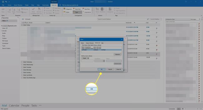 Outlook-sovelluksen suodatinruutu, jossa on korostettuna OK-painike