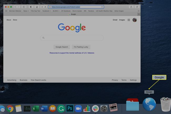 Web-sivun kuvake Mac Dockissa