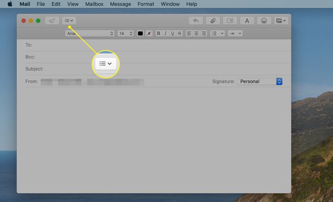 Mac Mail, jossa näkyvät otsikkokentät -kuvake korostettuna