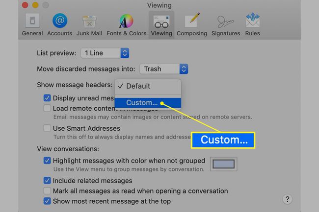 Mac Mail Preferences View -välilehti Custom korostettuna