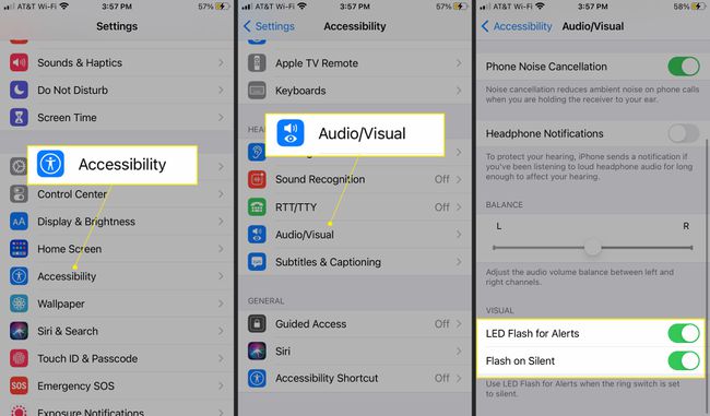 iOS-asetukset, joissa esteettömyys, ääni/visuaalinen ja LED-salama hälytyksille on korostettuna