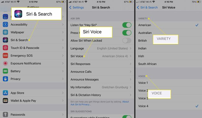 iPhone-asetukset, joissa Siri & Search, Siri Voice ja Variety and Voice -asetukset on korostettuina