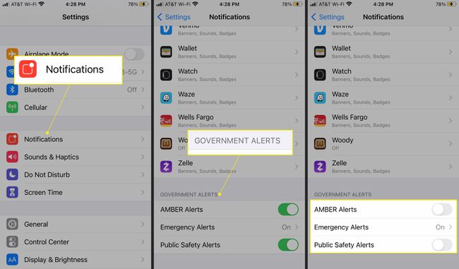iOS-asetukset, joissa ilmoitukset ja viranomaisilmoitukset on korostettu