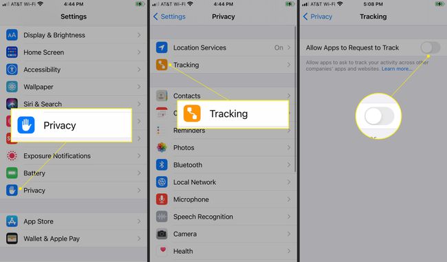 iOS-asetukset, joissa Yksityisyys ja seuranta on korostettu ja vaihtoehto 