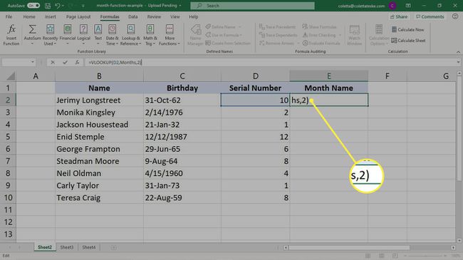 VLOOKUP-kaavan täyttäminen sarjanumeron muuntamiseksi tekstiksi Excelissä