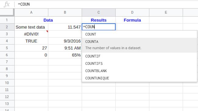 Google Sheets esittelee COUNTA-toiminnon