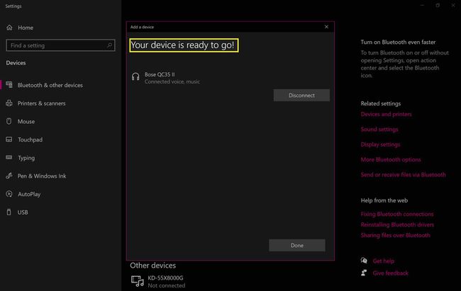 Bose-kuulokkeet on yhdistetty onnistuneesti Windows 10 -tietokoneeseen.