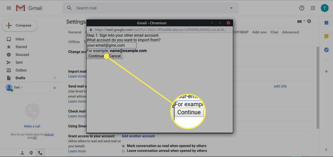 Kuvakaappaus Tuo tili -näytöstä Gmailista, jossa Jatka-painike on korostettuna