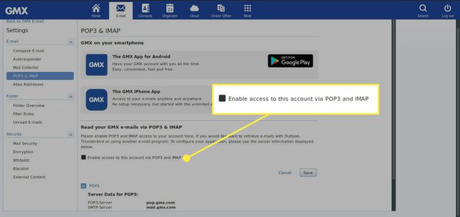 Kuvakaappaus GMX:n POP3- ja IMAP-asetuksista "Salli pääsy" vaihtoehto korostettuna