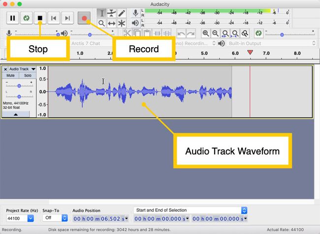 Record and stop buttons in Audacity software