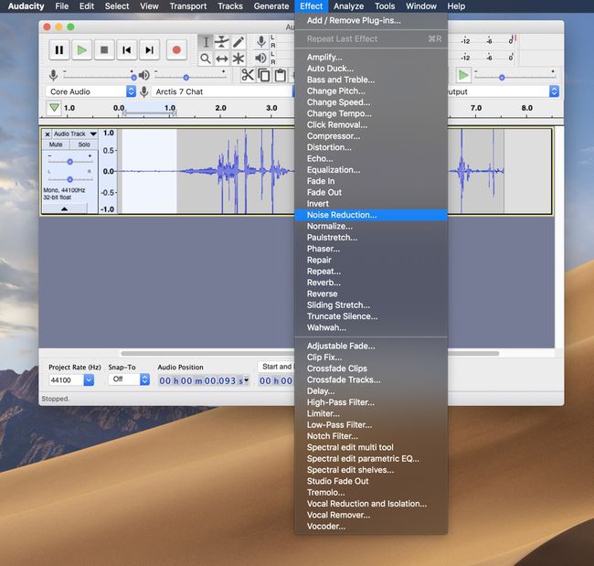 Noise reduction menu item in Audacity software