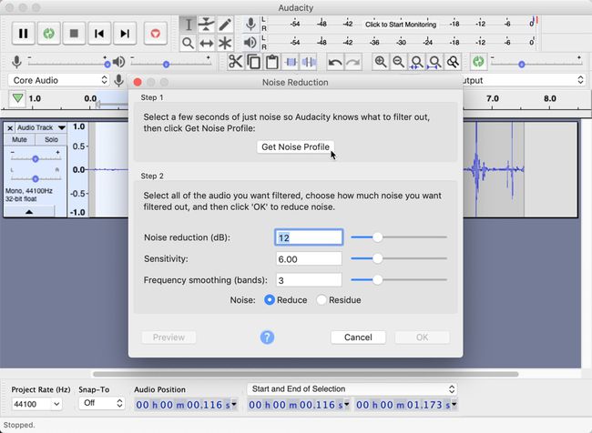 Create a noise profile in Audacity by clicking Get Noise Profile