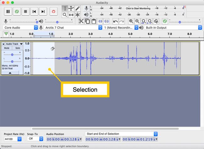 Selected section of waveform in Audacity software