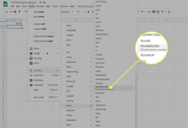 Kuvakaappaus Google Sheetsistä, jossa on ROUNDDOWN-toiminto korostettuna