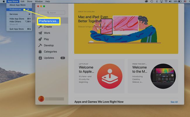 Polku Mac App Storen asetuksiin