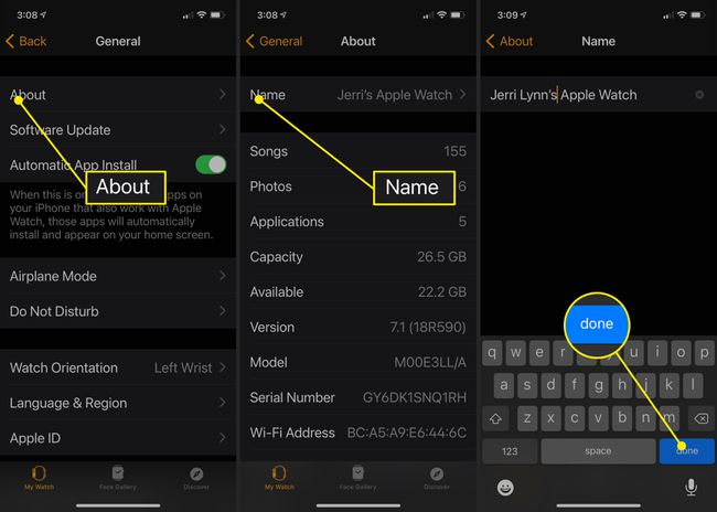 Näyttökaappaukset osoittavat, missä ja miten Apple Watch nimetään uudelleen Apple Watch -sovelluksella iPhonessa.