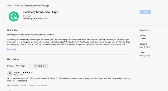 Grammarly Edge -laajennuksen tietosivu