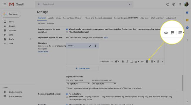 Lisää kuvapainike Gmailin asetuksiin