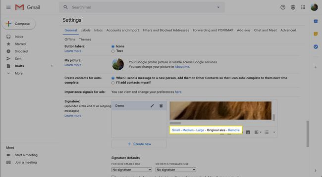 Kuvakokovaihtoehdot Gmail-allekirjoituksessa