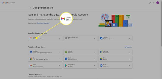 Google Dashboard, jossa Gmail-otsikko korostettuna