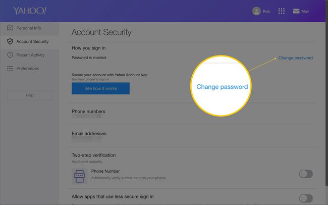 Vaihda salasana -linkki Yahoo Mail Account Security -sivulla