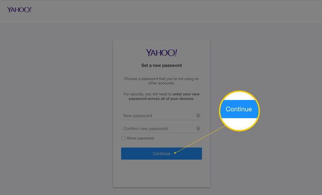 Jatka-painike kohdassa Aseta uusi salasana Yahoo-postille